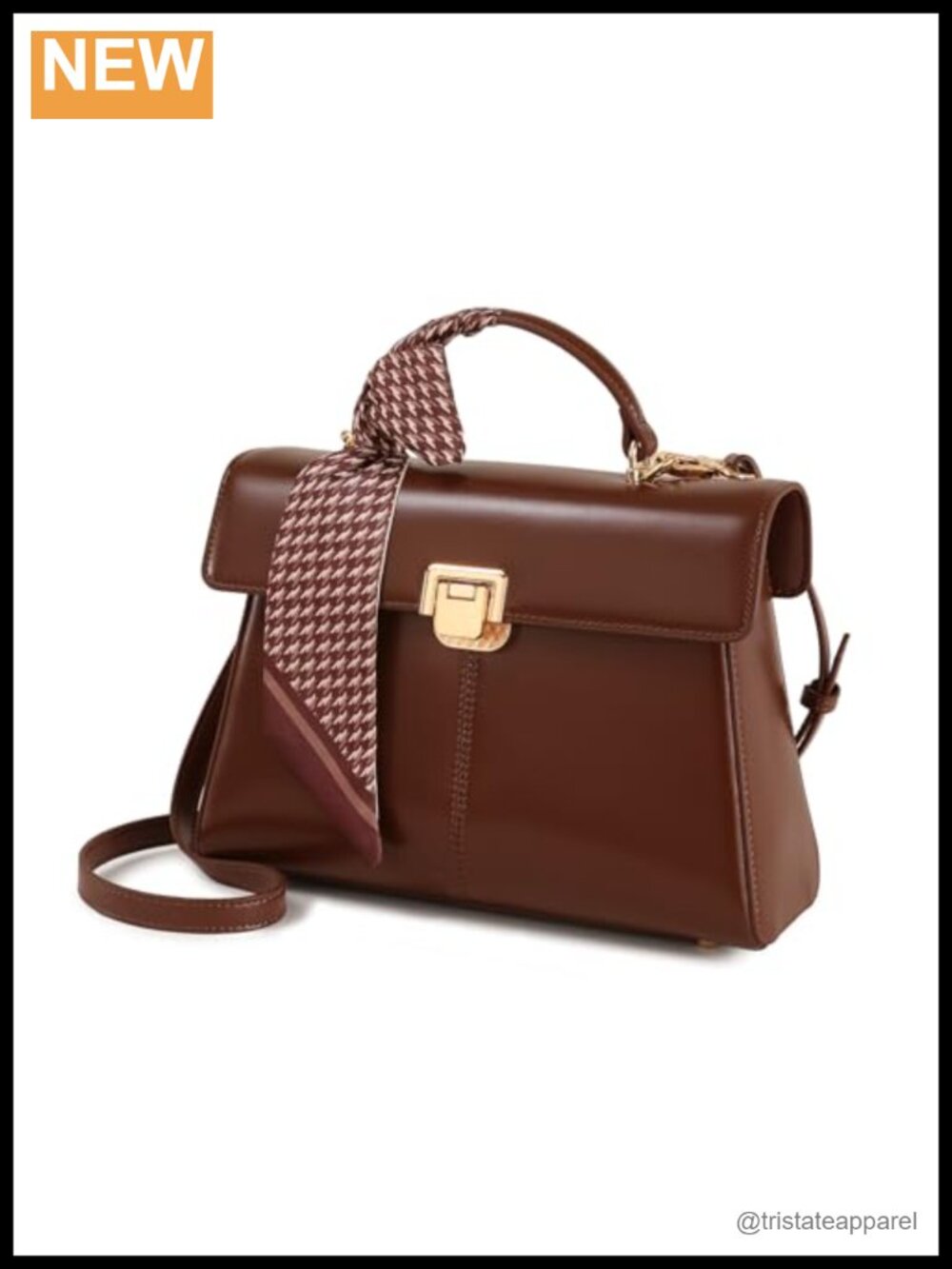 Genuine Leather Square Satchel Handbag with Scarf & Crossbody Strap